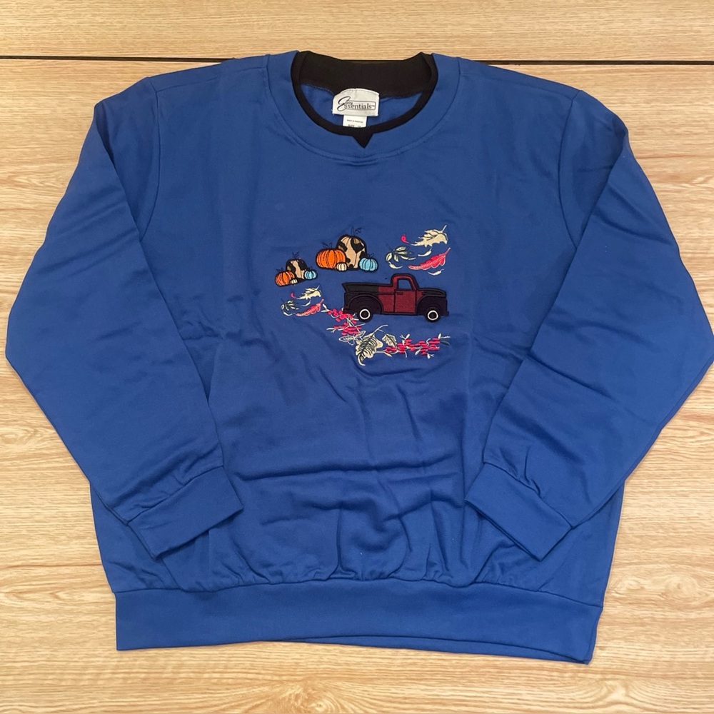 Easy Essentials Women’s 1x Blue Embroidered Sweatshirt NWOT Fall Leaves